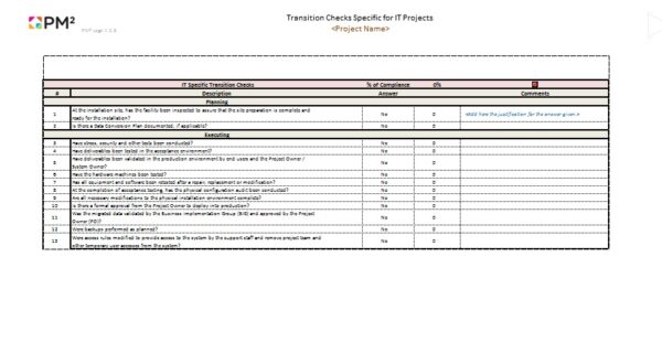 PM² Artefacts | Templates | Monitor & Control | Transition Checklist ...